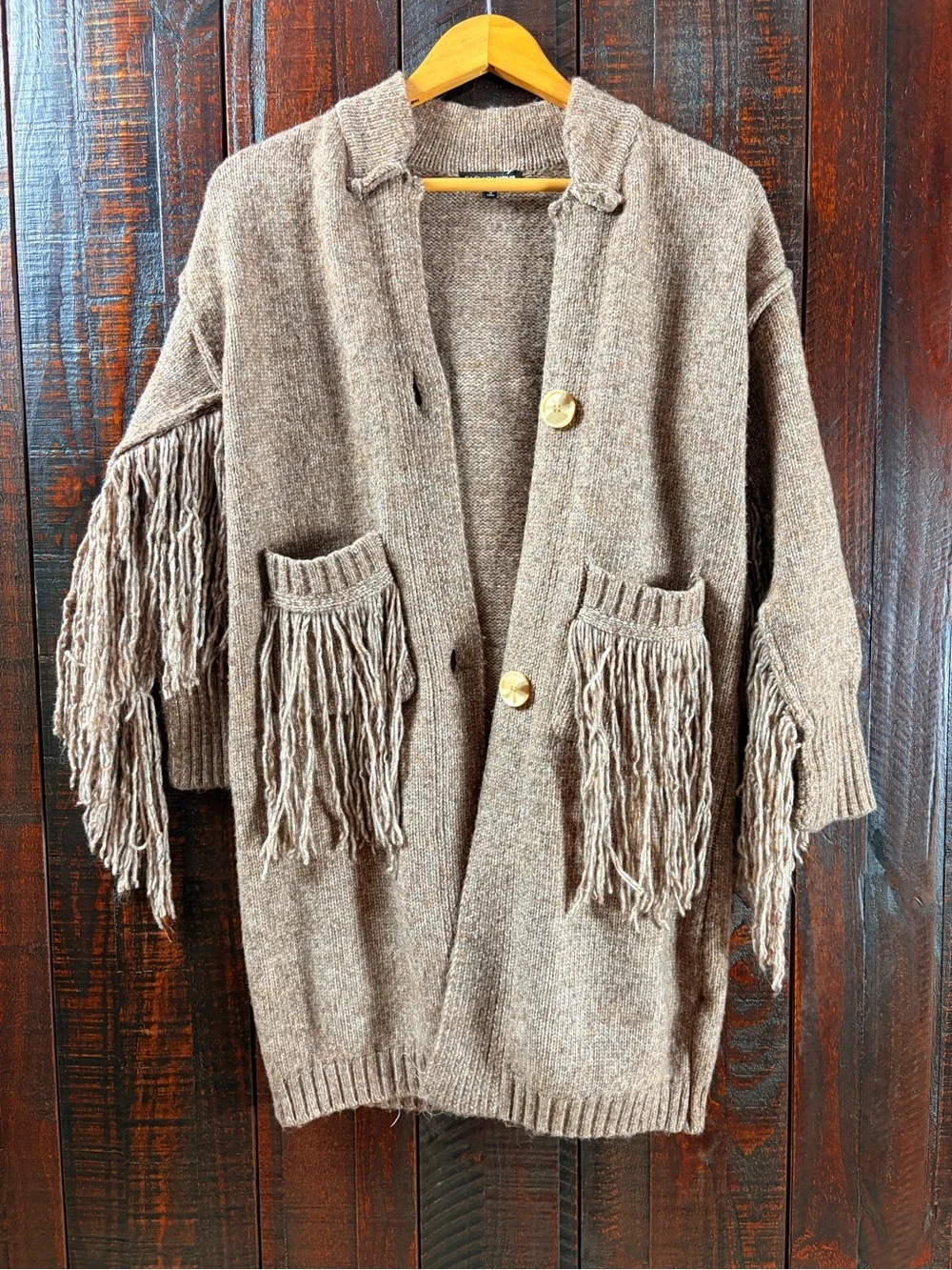 FashionNova Southwestern Fringe Long Cardigan Sweater - Taupe